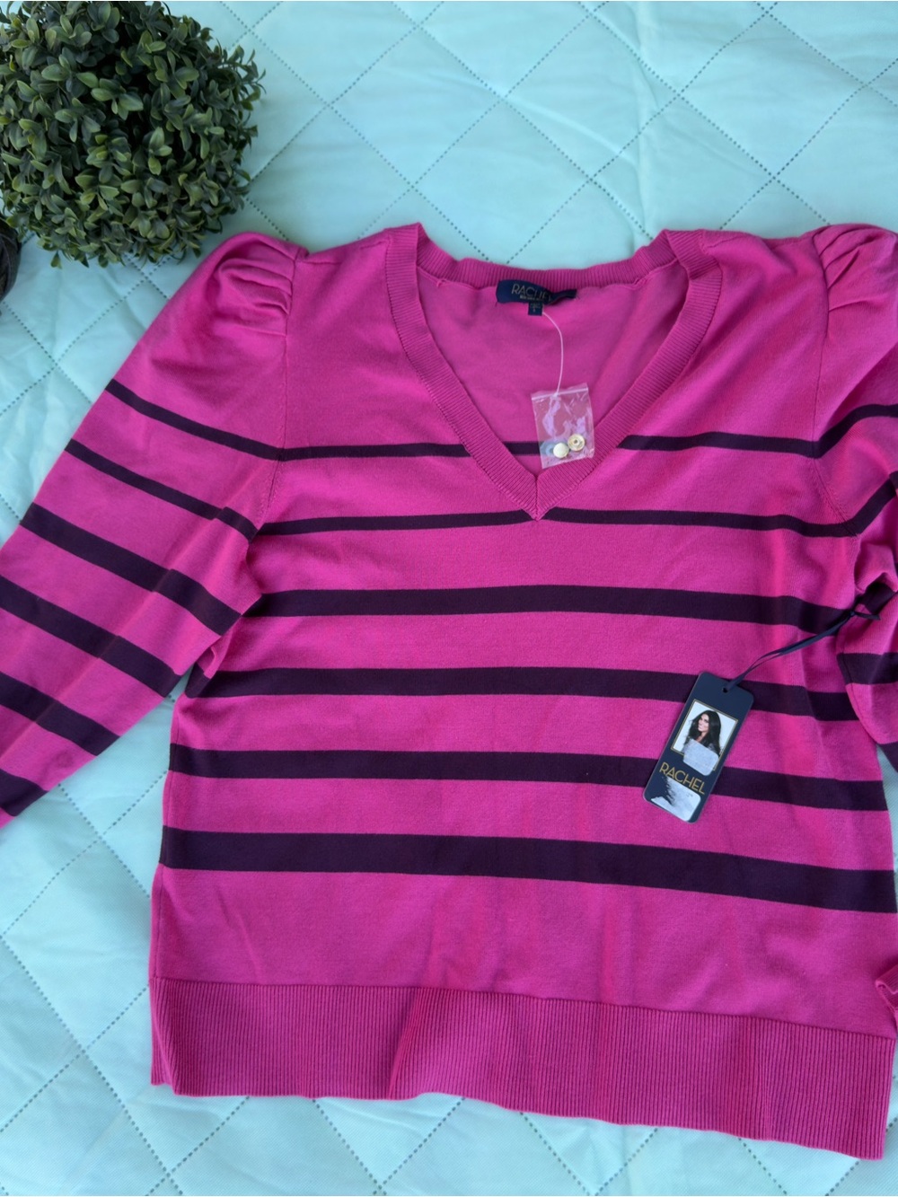 Rachel Fuchsia V-Neck Sweater with Black Stripes
